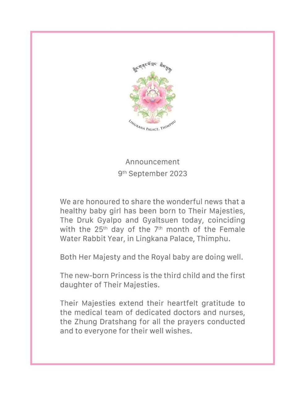 Announcement Of  Birth of Gyalsem