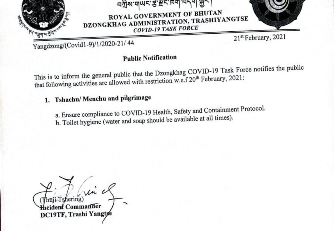 notification on Tshachu/Menchu and Pilgrimage